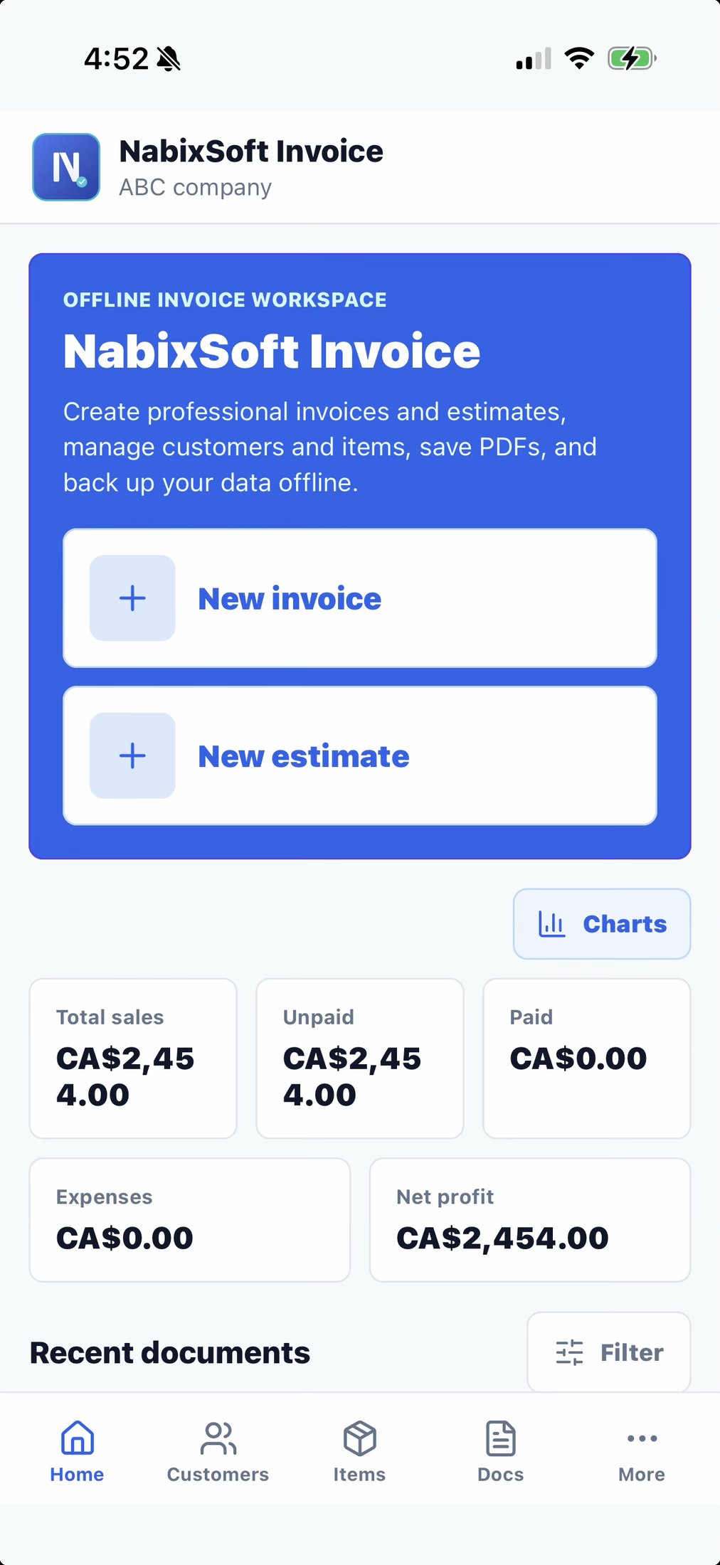 NabixSoft Invoice home screen showing dashboard with key financial metrics, new invoice/estimate buttons, and recent documents list
