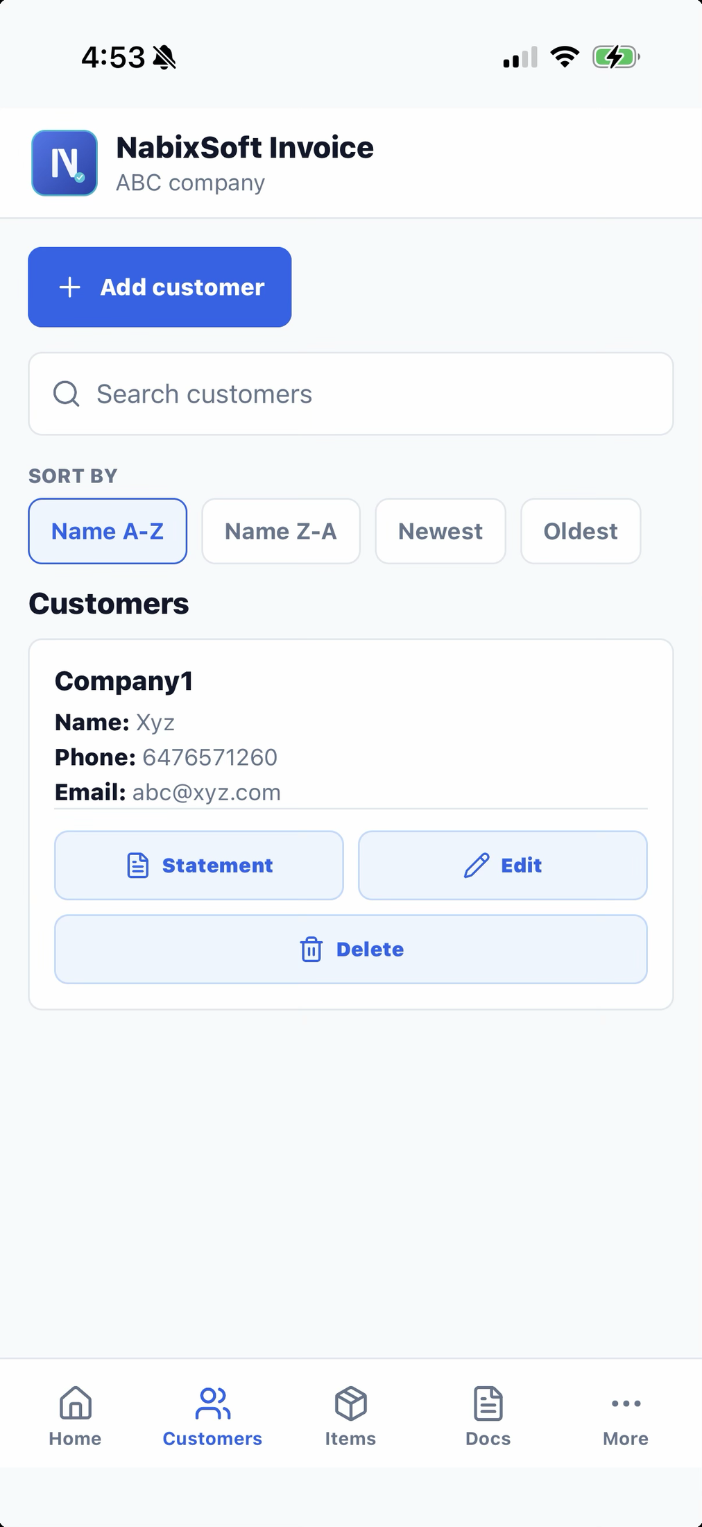 NabixSoft Invoice customers list showing company details, contact info, and statement/edit/delete action buttons