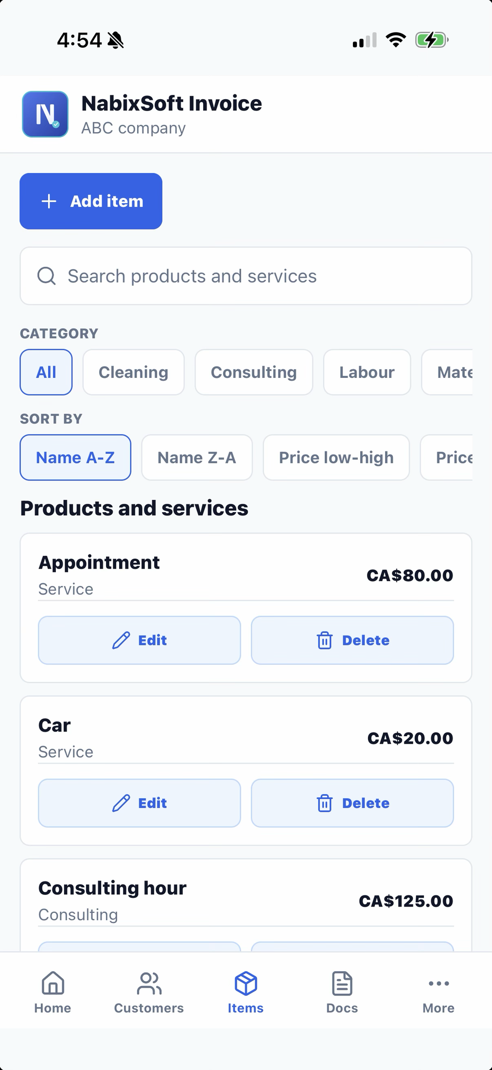 NabixSoft Invoice items catalog showing products and services with categories, prices, and edit/delete options