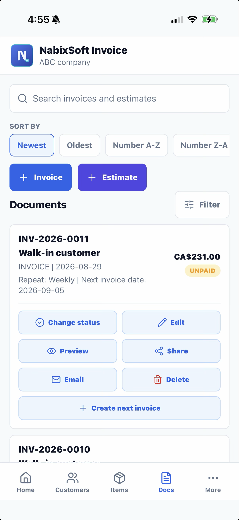 NabixSoft Invoice documents list showing invoices and estimates with sorting, status badges, amounts, and quick action buttons