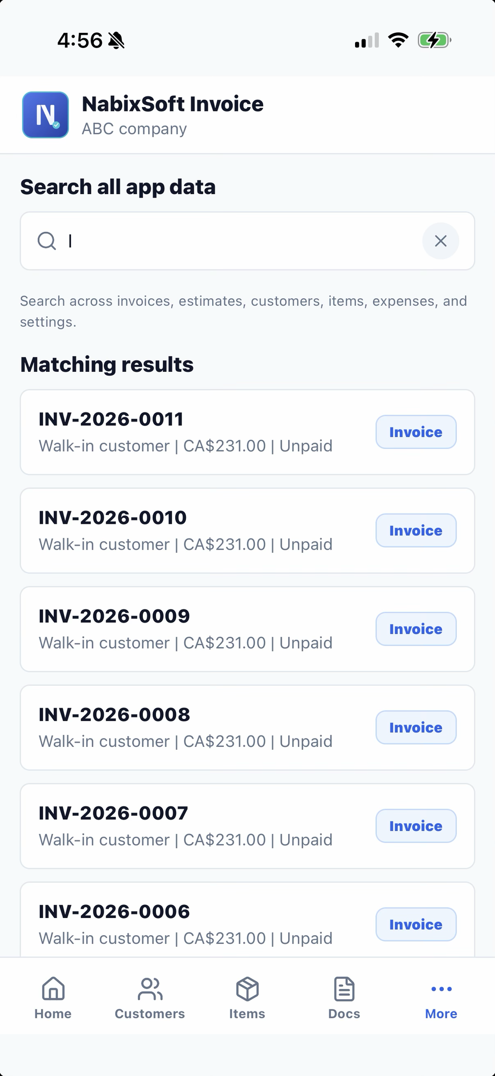 NabixSoft Invoice global search screen showing search results across invoices with status and amount