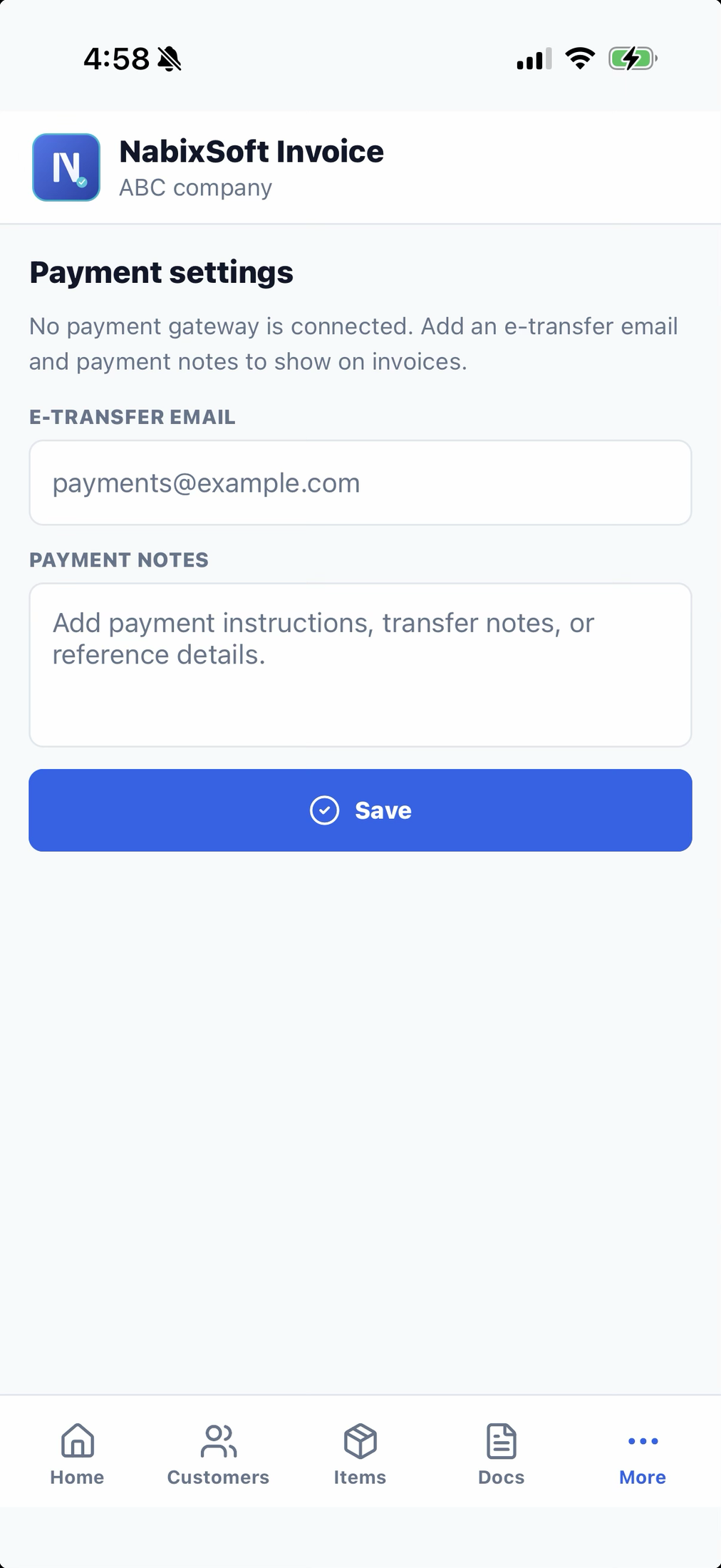 NabixSoft Invoice payment settings screen showing e-transfer email field and payment notes, no payment gateway required