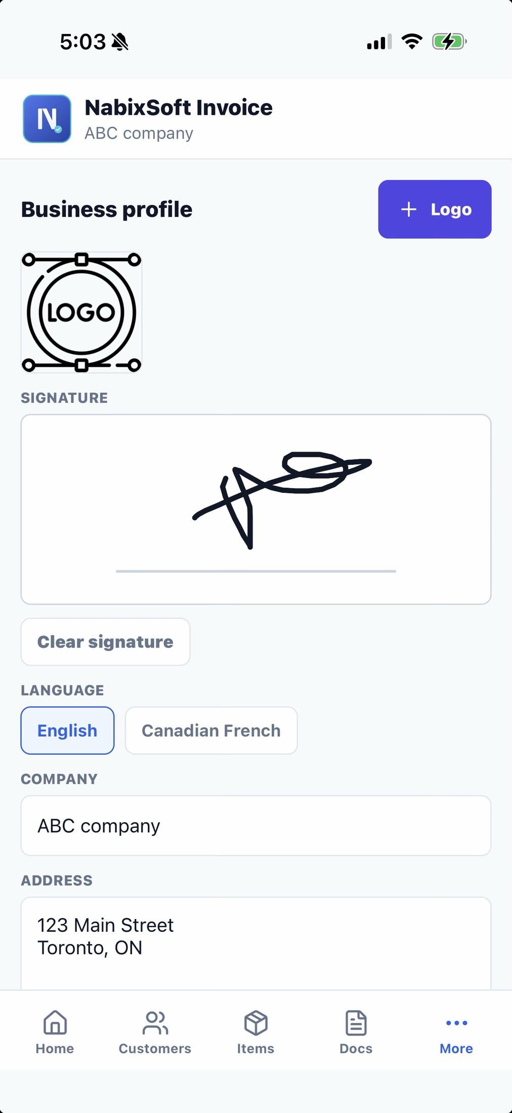 NabixSoft Invoice business profile screen showing logo upload, signature pad, English/Canadian French language toggle, and business address